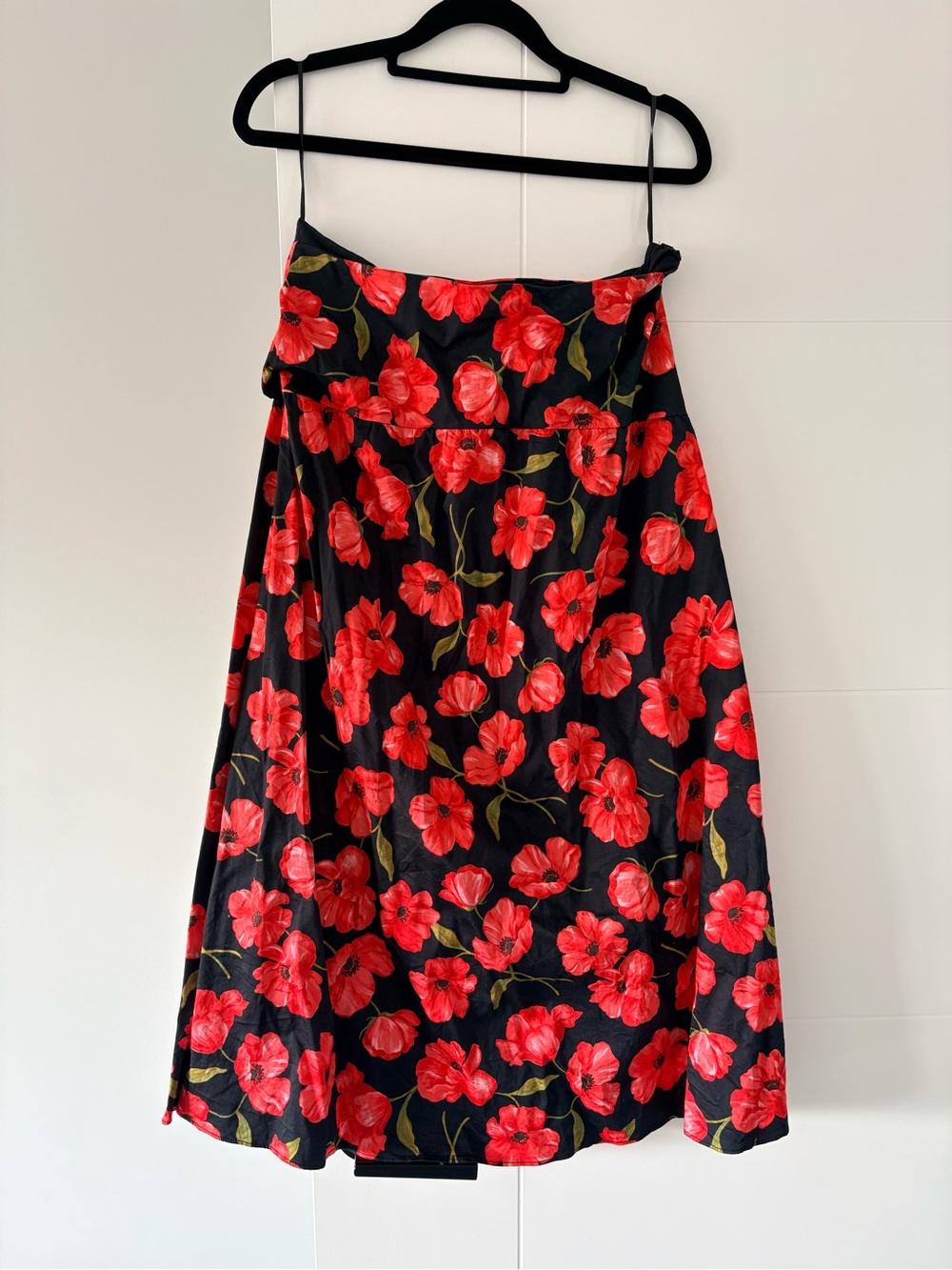 Mango Black Midi Skirt with Red Floral Print
